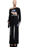 Red Fashion Casual Print Basic Oblique Collar Long Sleeve Two Pieces