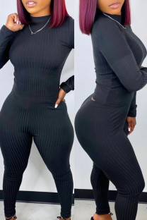 Black Fashion Casual Solid Basic O Neck Long Sleeve Two Pieces