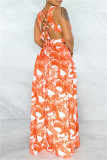 Orange Fashion Sexy Print Split Joint Slit V Neck Sleeveless Dress