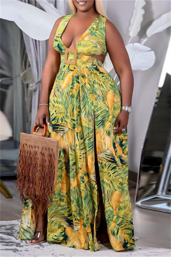 Yellow Fashion Sexy Print Patchwork Slit V Neck Sleeveless Dress