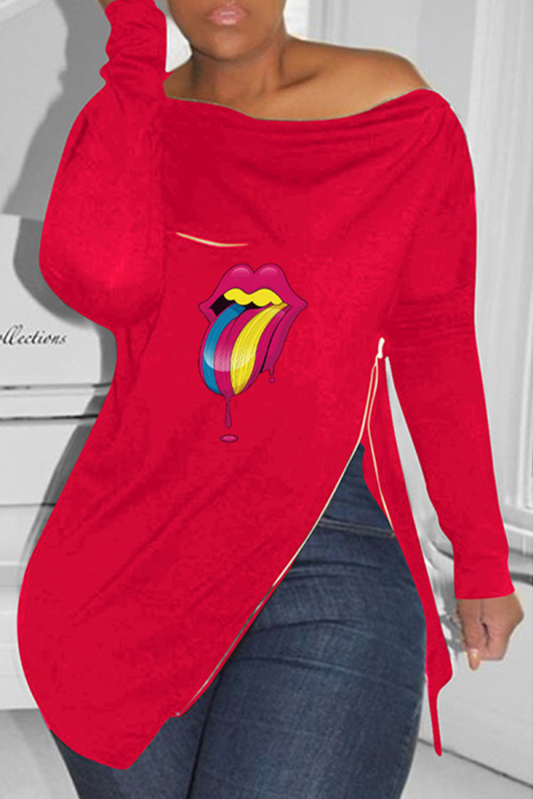 Red Fashion Casual Lips Printed Slit Zipper O Neck Tops