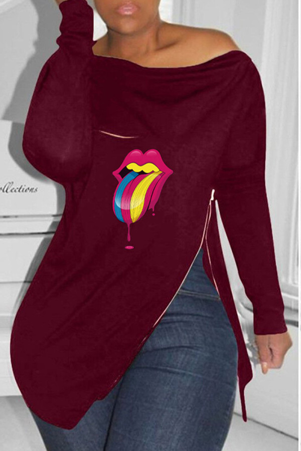 Burgundy Fashion Casual Lips Printed Slit Zipper O Neck Tops