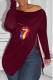 Burgundy Fashion Casual Lips Printed Slit Zipper O Neck Tops