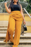 Yellow Fashion Casual Solid Patchwork Regular High Waist Trousers