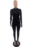 Black Fashion Casual Solid Basic Zipper Collar Long Sleeve Two Pieces