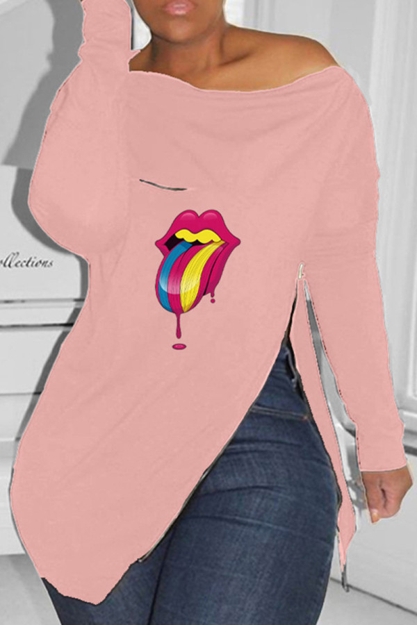 Pink Fashion Casual Lips Printed Slit Zipper O Neck Tops