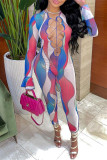 Powder Blue Fashion Casual Print Bandage Hollowed Out O Neck Skinny Jumpsuits