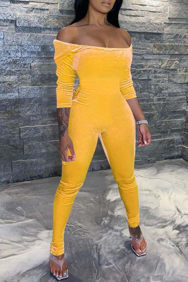 Yellow Sexy Casual Solid Backless Off the Shoulder Jumpsuits