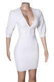 White Fashion Sexy Solid Patchwork V Neck One Step Skirt Dresses