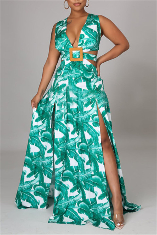Green Fashion Sexy Print Patchwork Slit V Neck Sleeveless Dress