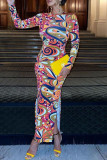 Colour Fashion Sexy Print Slit O Neck Long Sleeve Dresses