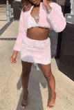 Pink Fashion Sexy Solid Cardigan Long Sleeve Two Pieces