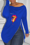 Pink Fashion Casual Lips Printed Slit Zipper O Neck Tops
