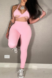 Pink Sexy Solid Split Joint Halter Sleeveless Two Pieces
