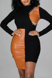 Apricot Sexy Solid Hollowed Out Split Joint Frenulum Asymmetrical O Neck One Step Skirt Dresses