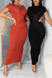 Tangerine Red Fashion Sexy Solid Backless O Neck Short Sleeve Irregular Dress