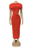 Tangerine Red Fashion Sexy Solid Backless O Neck Short Sleeve Irregular Dress