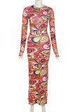 Colour Fashion Sexy Print Slit O Neck Long Sleeve Dresses