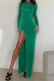Green Sexy Casual Solid Backless Slit O Neck Long Sleeve Dresses