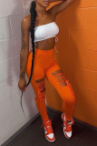 Orange Sexy Solid Ripped Skinny High Waist Pencil Solid Color Bottoms