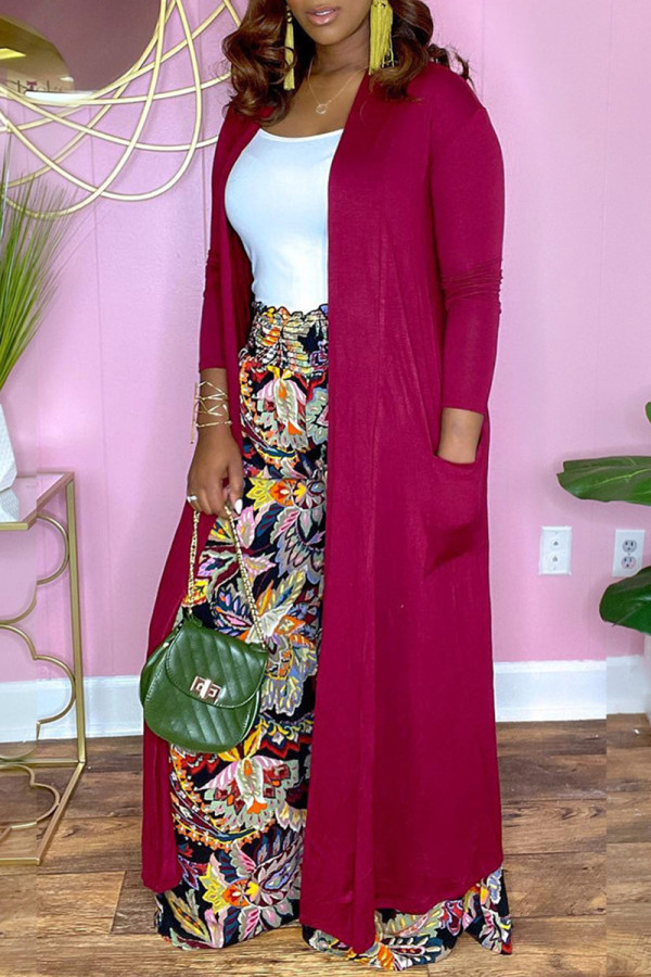 Rose Red Fashion Casual Solid Cardigan Outerwear