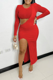 Red Sexy Casual Solid Hollowed Out Slit O Neck Long Sleeve Two Pieces