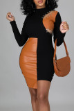 Apricot Sexy Solid Hollowed Out Split Joint Frenulum Asymmetrical O Neck One Step Skirt Dresses