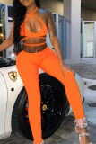 Orange Sexy Solid Split Joint Halter Sleeveless Two Pieces