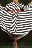 Black Sexy Striped Print Split Joint V Neck A Line Plus Size Dresses