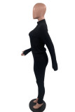 Black Fashion Casual Solid Basic Zipper Collar Long Sleeve Two Pieces