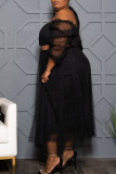 Black Sexy Solid Split Joint See-through Off the Shoulder Plus Size Two Pieces