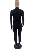 Black Fashion Casual Solid Basic Zipper Collar Long Sleeve Two Pieces