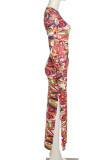 Colour Fashion Sexy Print Slit O Neck Long Sleeve Dresses