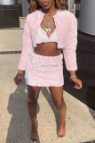 Pink Fashion Sexy Solid Cardigan Long Sleeve Two Pieces
