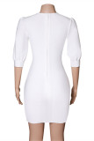 White Fashion Sexy Solid Patchwork V Neck One Step Skirt Dresses