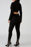 Red Casual Sportswear Patchwork See-through Zipper Collar Long Sleeve Two Pieces