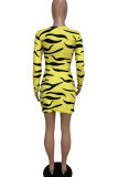 Yellow Sexy Print Hollowed Out Patchwork Asymmetrical V Neck One Step Skirt Dresses