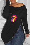 Pink Fashion Casual Lips Printed Slit Zipper O Neck Tops