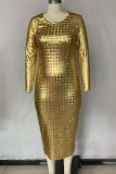 Gold Sexy Solid Ripped Patchwork O Neck One Step Skirt Dresses