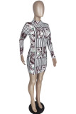 White Fashion Casual Print Basic O Neck Long Sleeve Dresses