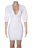 White Fashion Sexy Solid Patchwork V Neck One Step Skirt Dresses