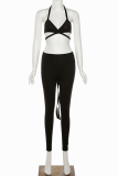 Black Sexy Solid Split Joint Halter Sleeveless Two Pieces