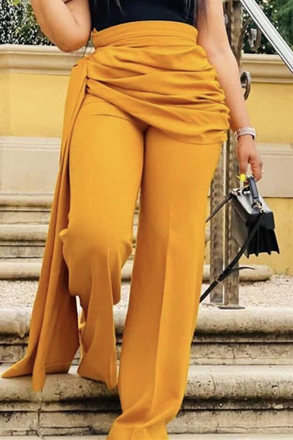 Yellow Fashion Casual Solid Patchwork Regular High Waist Trousers