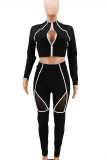 Red Casual Sportswear Patchwork See-through Zipper Collar Long Sleeve Two Pieces