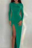 Green Sexy Casual Solid Backless Slit O Neck Long Sleeve Dresses