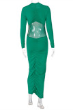 Green Sexy Casual Solid Backless Slit O Neck Long Sleeve Dresses