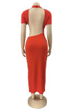 Tangerine Red Fashion Sexy Solid Backless O Neck Short Sleeve Irregular Dress