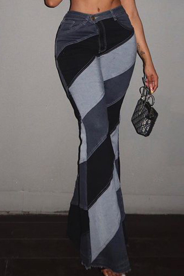 Grey Fashion Casual Print Basic Boot Cut High Waist Trousers