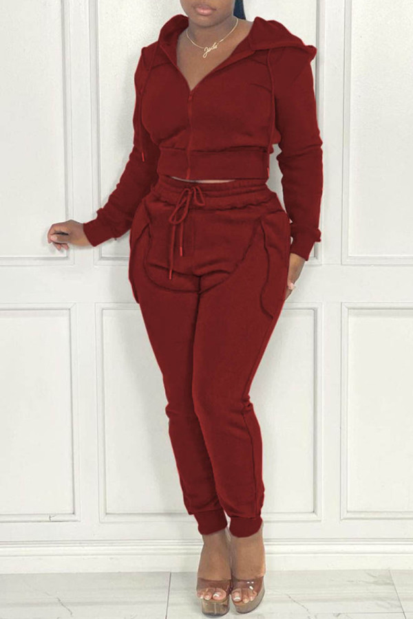 Burgundy Fashion Casual Solid Zipper Hooded Collar Long Sleeve Two Pieces