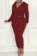Burgundy Fashion Casual Solid Zipper Hooded Collar Long Sleeve Two Pieces